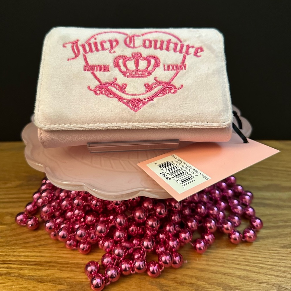 Juicy Couture Plush Pink Tri-Fold Wallet with Zipper Charm